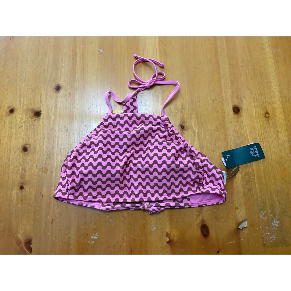 Wild Fable Pink Brown Wavy Print Halter Bikini Top High Neck Size M NWT